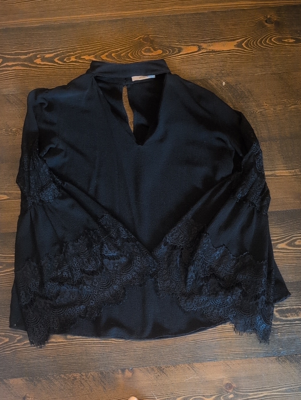 Black Lace-Trim Keyhole Blouse - Women’s Elegant Top